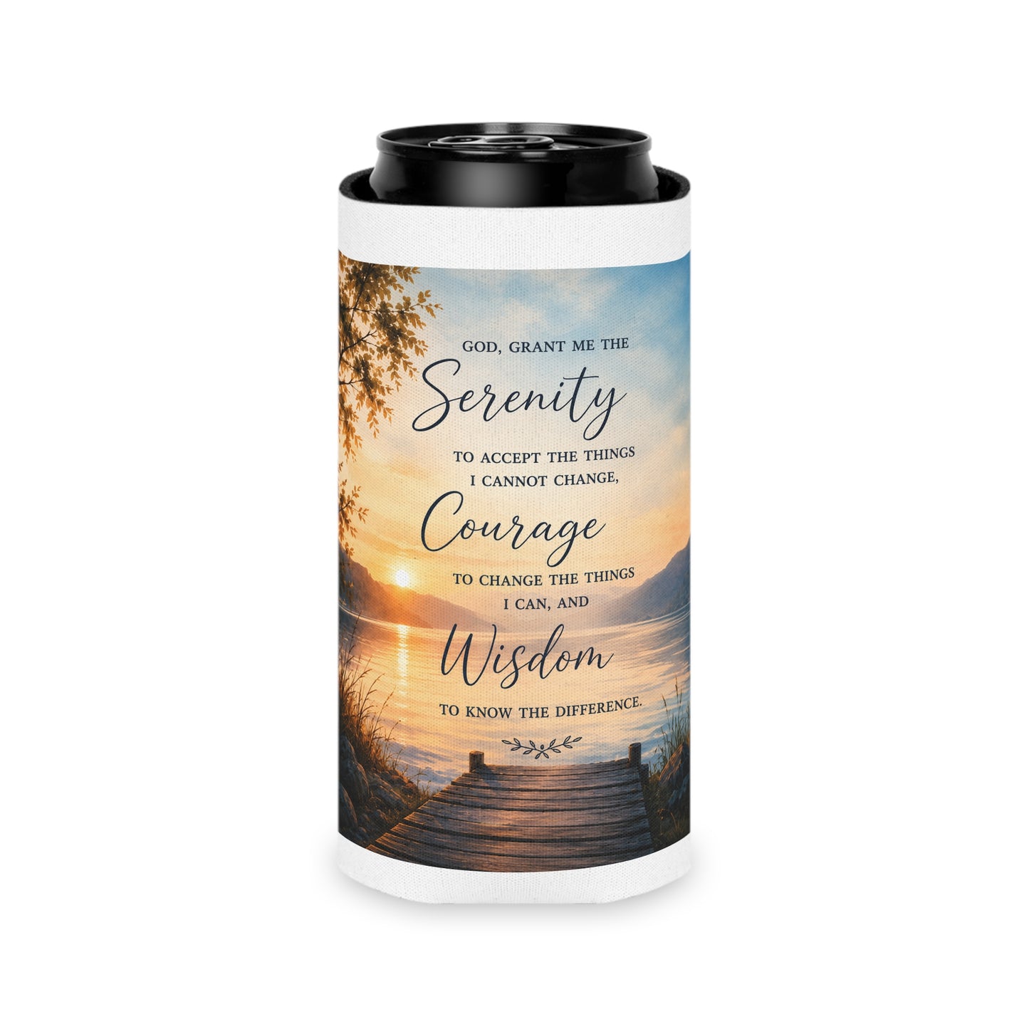 Serenity Prayer Can Cooler – Lakeside Sunset Drink Koozie