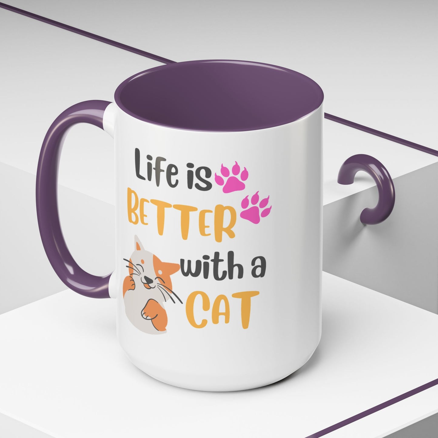 Cat Lover Coffee Mug — "Life Is Better With a Cat" Accent Ceramic Mug (15oz)