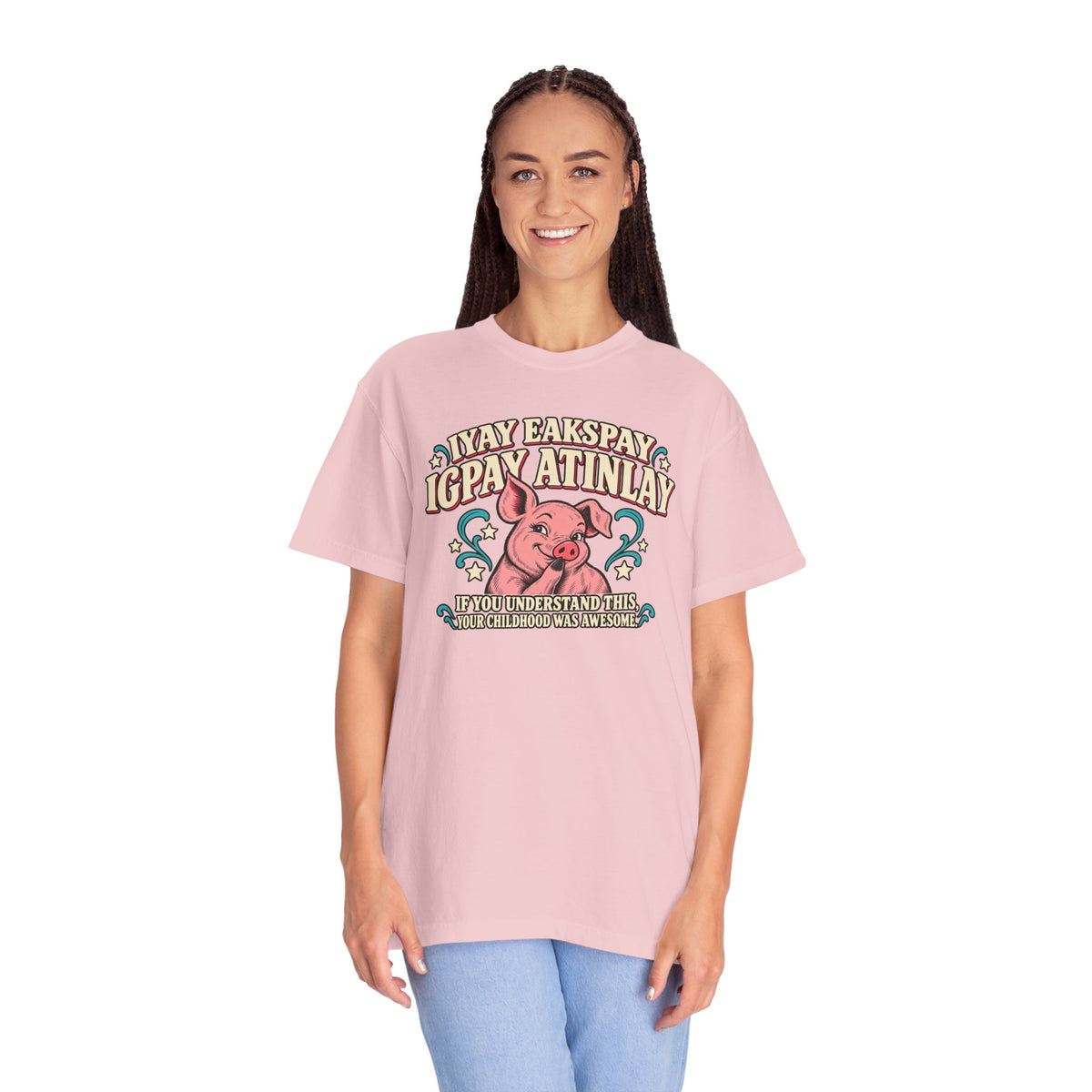 Fluent in Pig Latin Funny Retor 80's Pig Graphic T-Shirt Tee Shirt