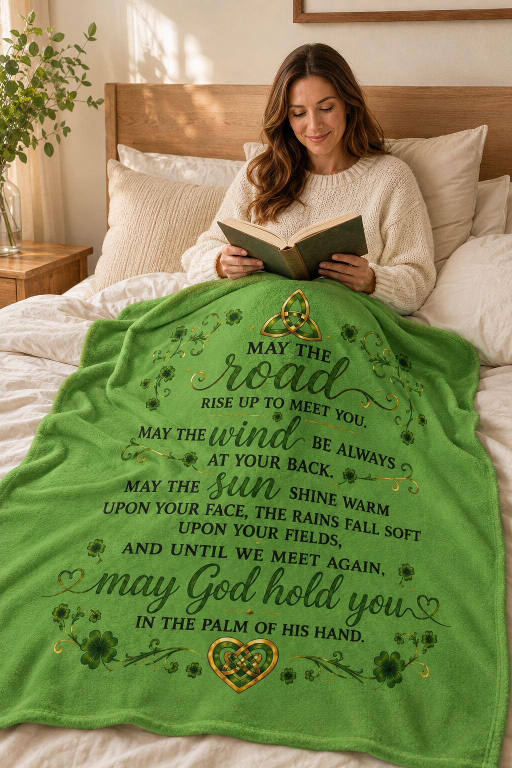 Woman reading in bed covered by a green Irish blessing sherpa fleece blanket