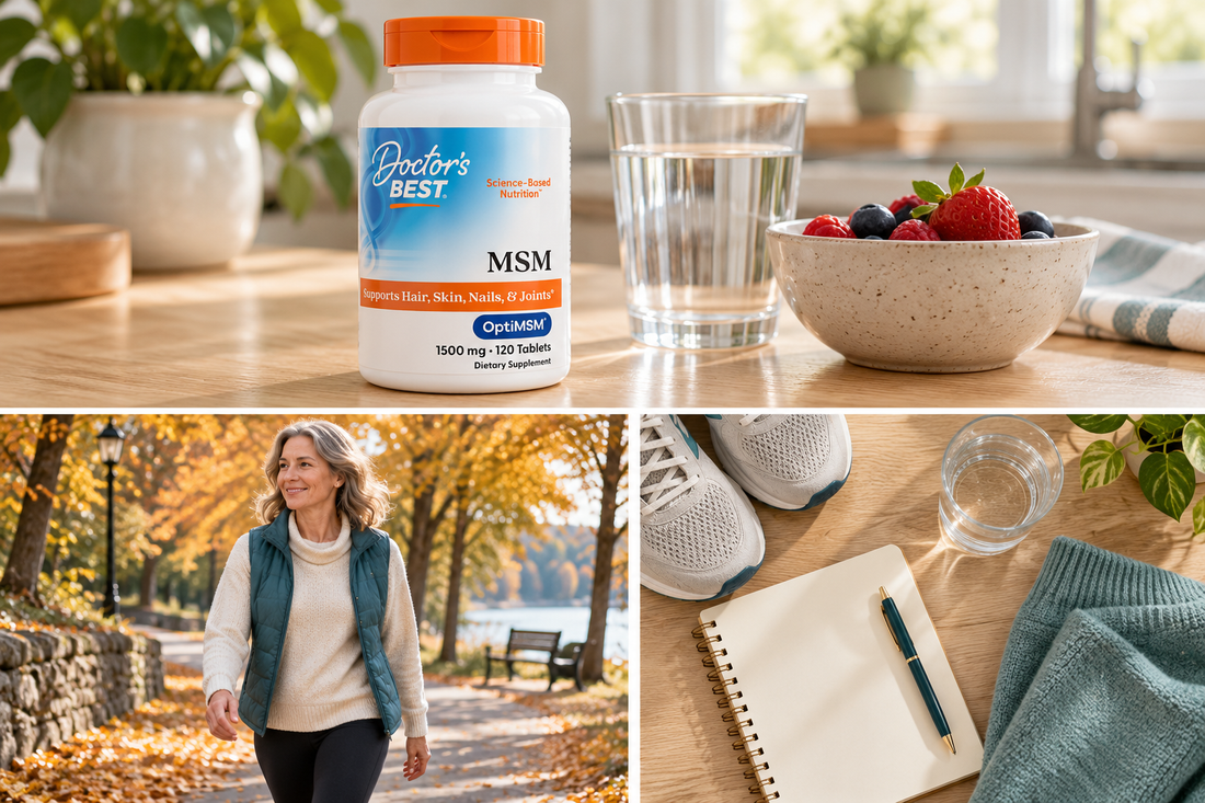 AI-generated illustration of Doctor’s Best MSM on a kitchen counter, an autumn walk, and a self-care notebook.