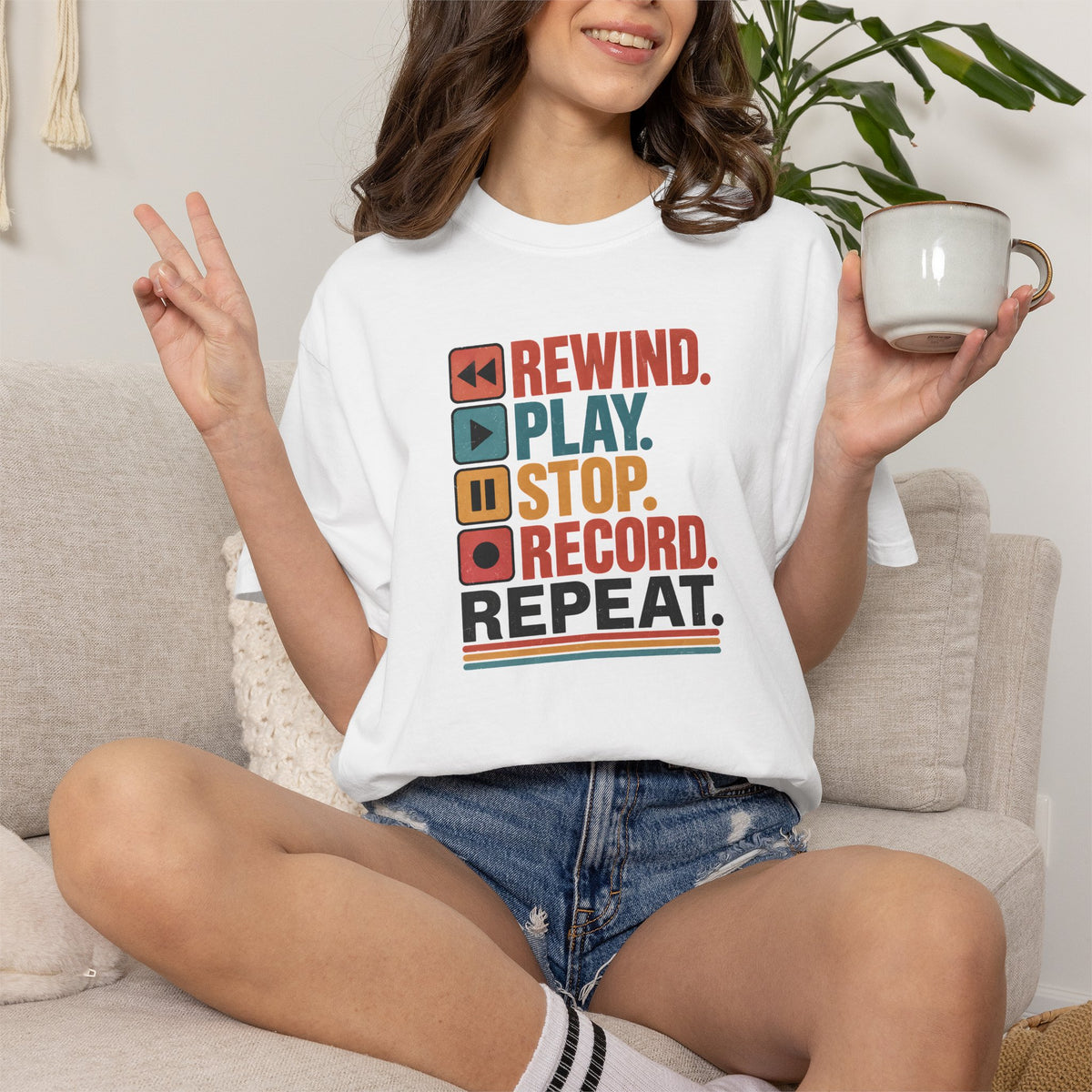 Rewind Play Stop Record Repeat Graphic Retro T-Shirt