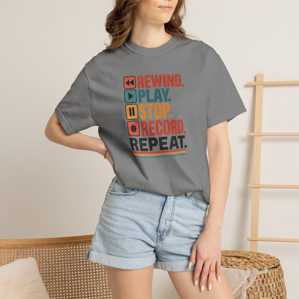 Rewind Play Stop Record Repeat Graphic Retro T-Shirt