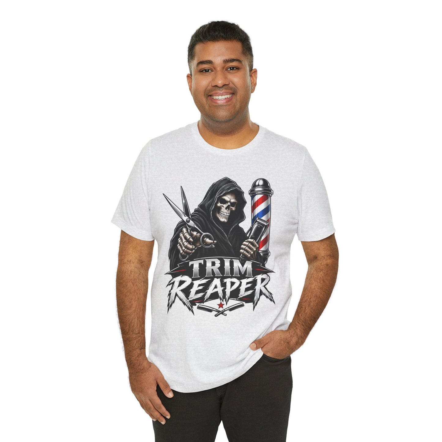 Trim Reaper Barber Tee – Grim Reaper Scissors & Pole Graphic T-Shirt Short Sleeve Shirt