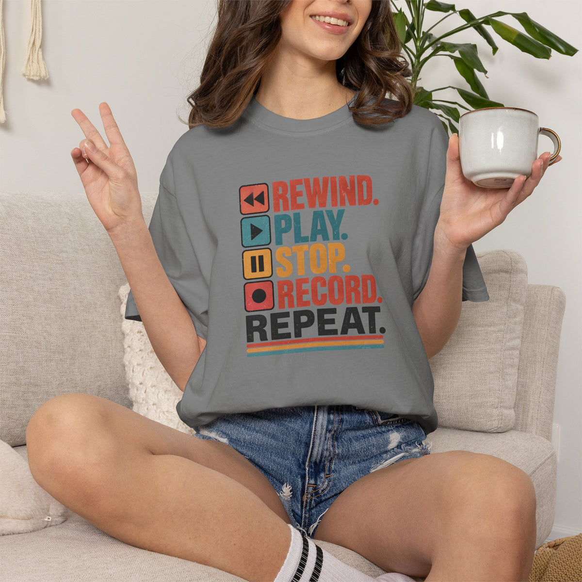Rewind Play Stop Record Repeat Graphic Retro T-Shirt