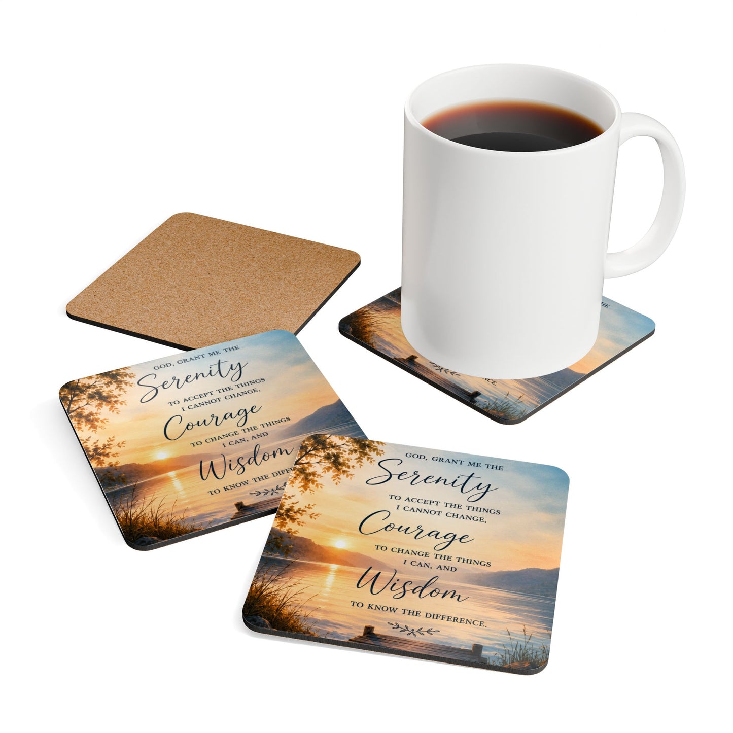 Serenity Prayer Cork Coaster Set — Lakeside Sunrise Inspirational Drink Coasters (Set of 4)