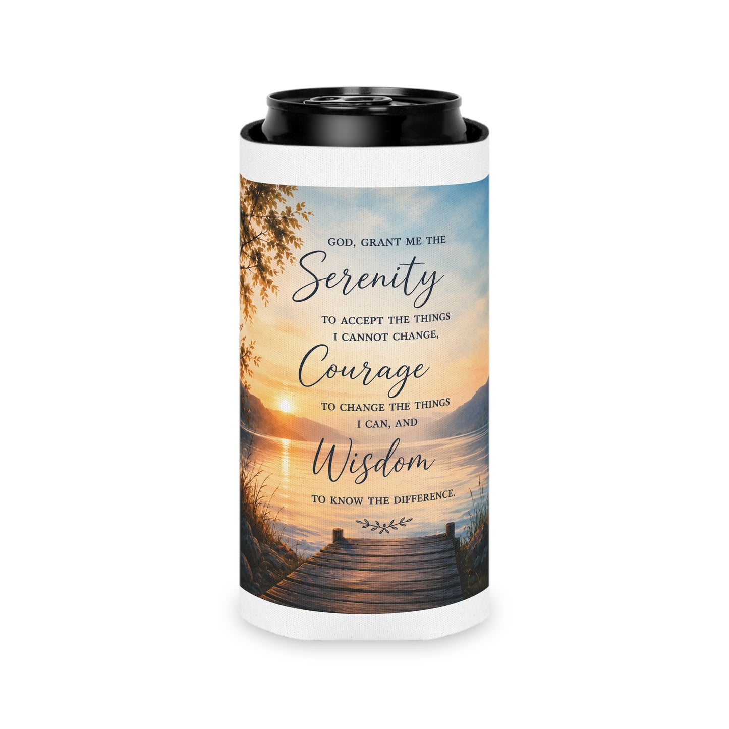 Serenity Prayer Can Cooler – Lakeside Sunset Drink Koozie