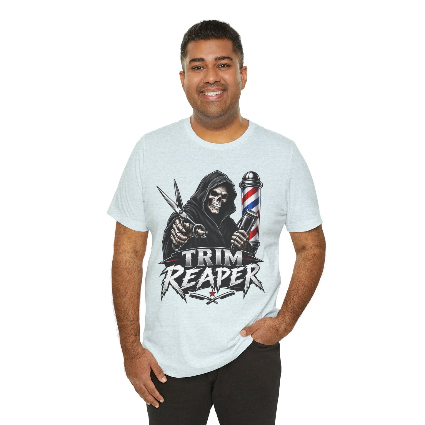 Trim Reaper Barber Tee – Grim Reaper Scissors & Pole Graphic T-Shirt Short Sleeve Shirt