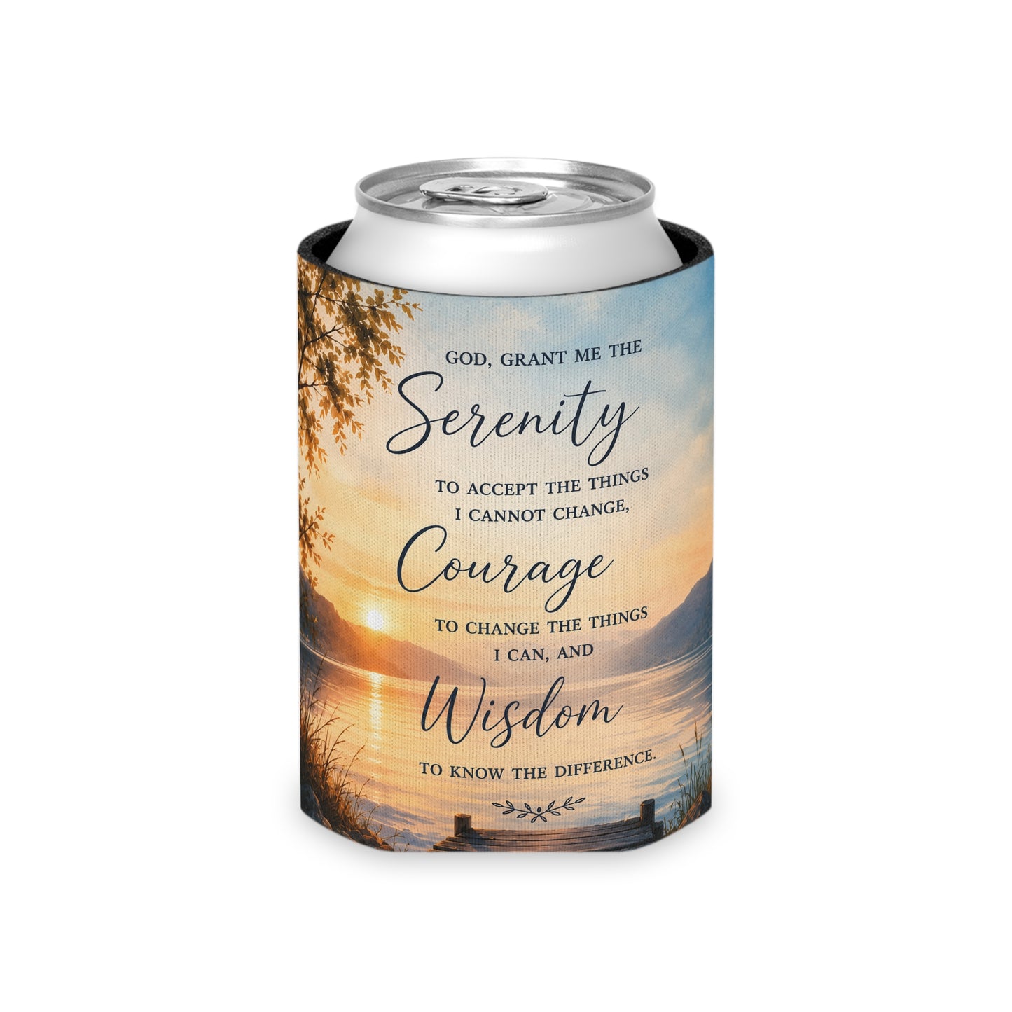 Serenity Prayer Can Cooler – Lakeside Sunset Drink Koozie