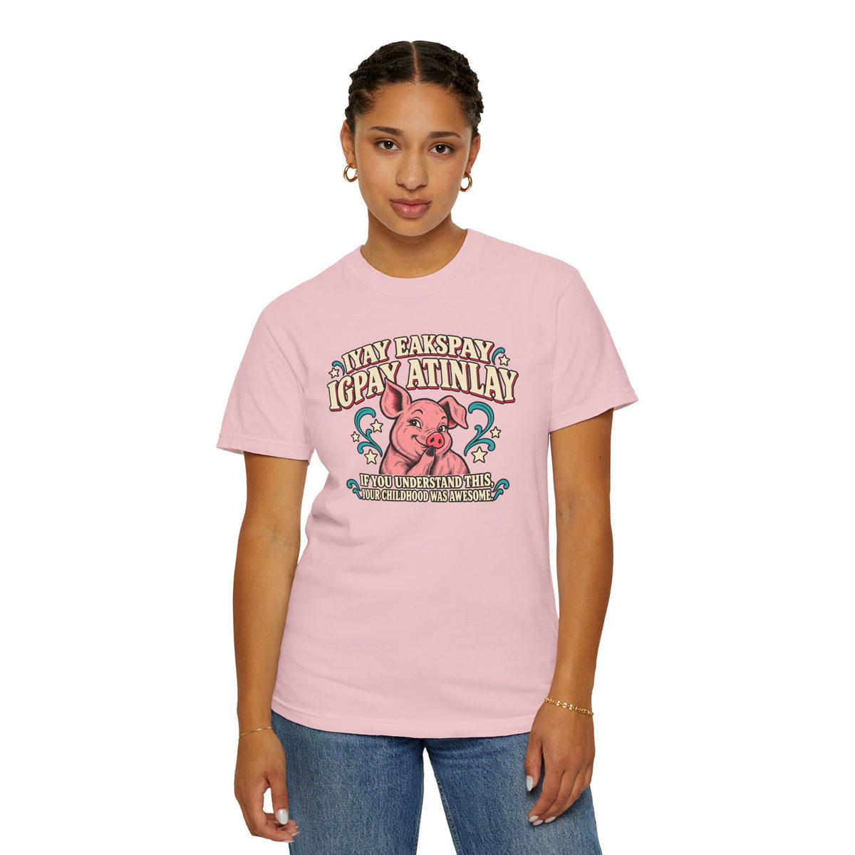Fluent in Pig Latin Funny Retor 80's Pig Graphic T-Shirt Tee Shirt