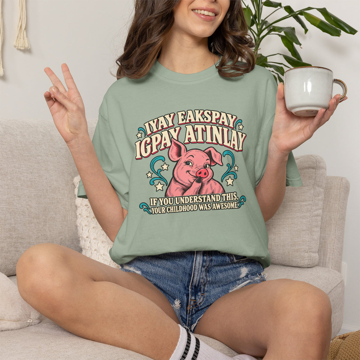 Fluent in Pig Latin Funny Retor 80's Pig Graphic T-Shirt Tee Shirt