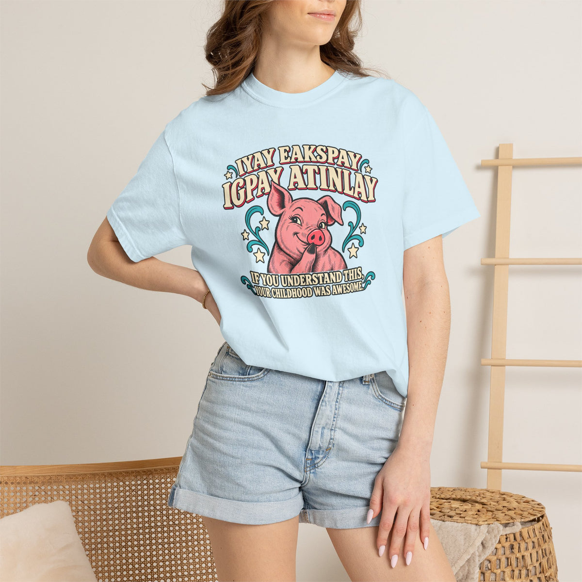Fluent in Pig Latin Funny Retor 80's Pig Graphic T-Shirt Tee Shirt