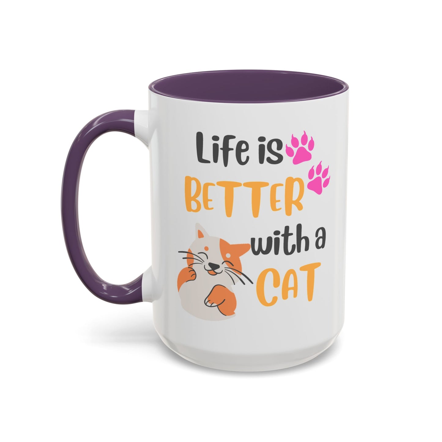 Cat Lover Coffee Mug — "Life Is Better With a Cat" Accent Ceramic Mug (15oz)