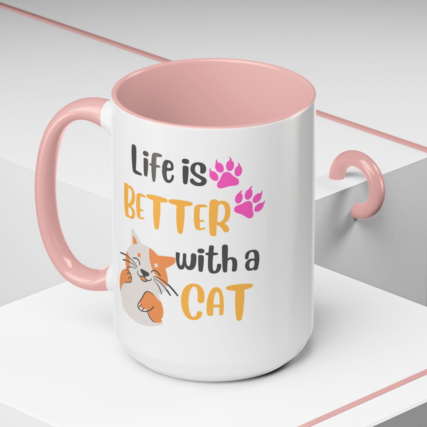Cat Lover Coffee Mug — "Life Is Better With a Cat" Accent Ceramic Mug (15oz)