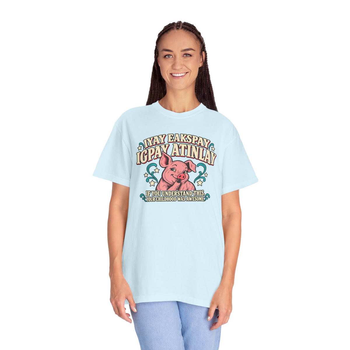 Fluent in Pig Latin Funny Retor 80's Pig Graphic T-Shirt Tee Shirt