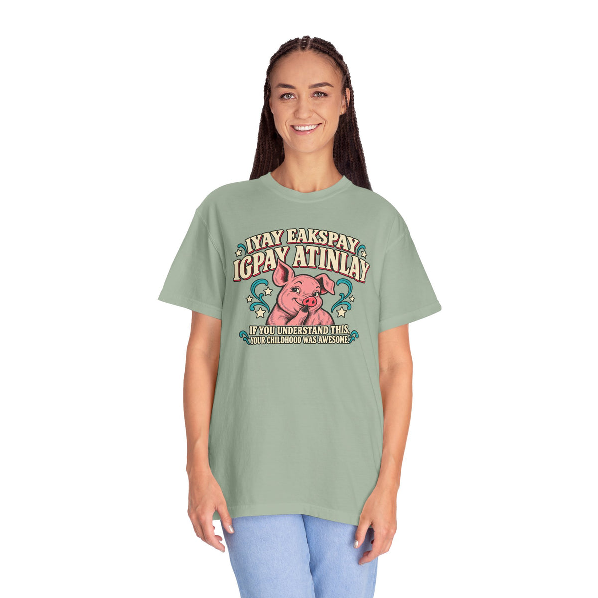 Fluent in Pig Latin Funny Retor 80's Pig Graphic T-Shirt Tee Shirt