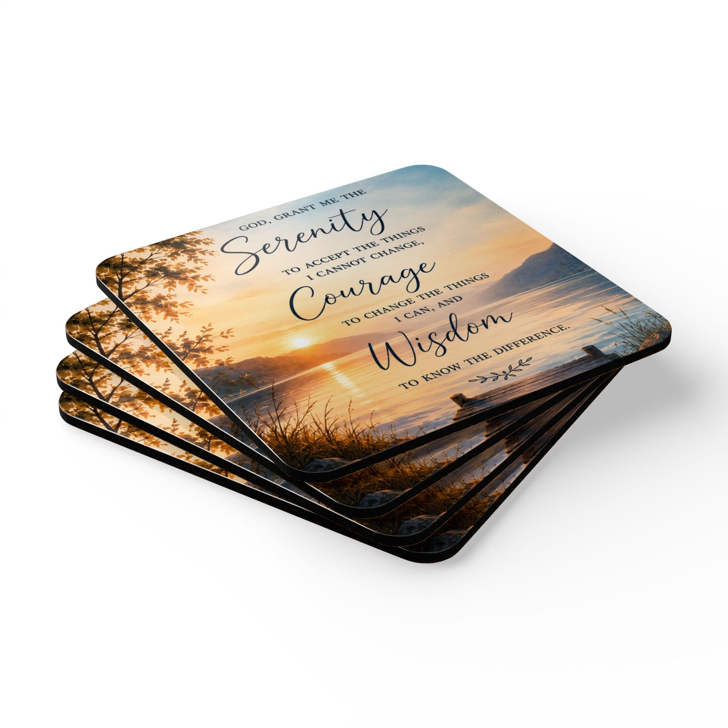 Serenity Prayer Cork Coaster Set — Lakeside Sunrise Inspirational Drink Coasters (Set of 4)