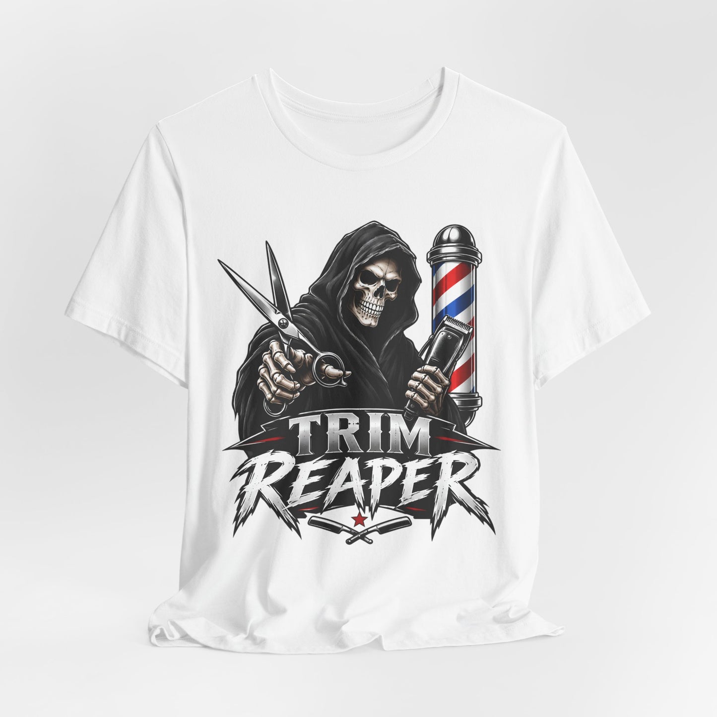 Trim Reaper Barber Tee – Grim Reaper Scissors & Pole Graphic T-Shirt Short Sleeve Shirt