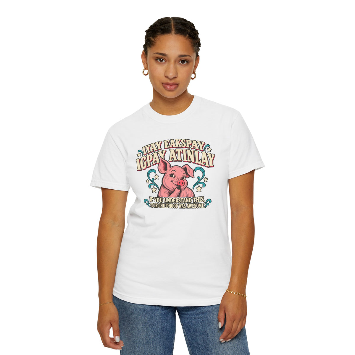 Fluent in Pig Latin Funny Retor 80's Pig Graphic T-Shirt Tee Shirt