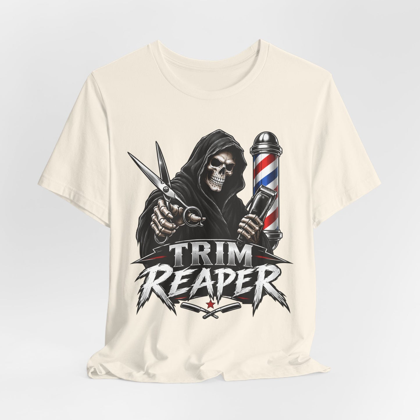 Trim Reaper Barber Tee – Grim Reaper Scissors & Pole Graphic T-Shirt Short Sleeve Shirt