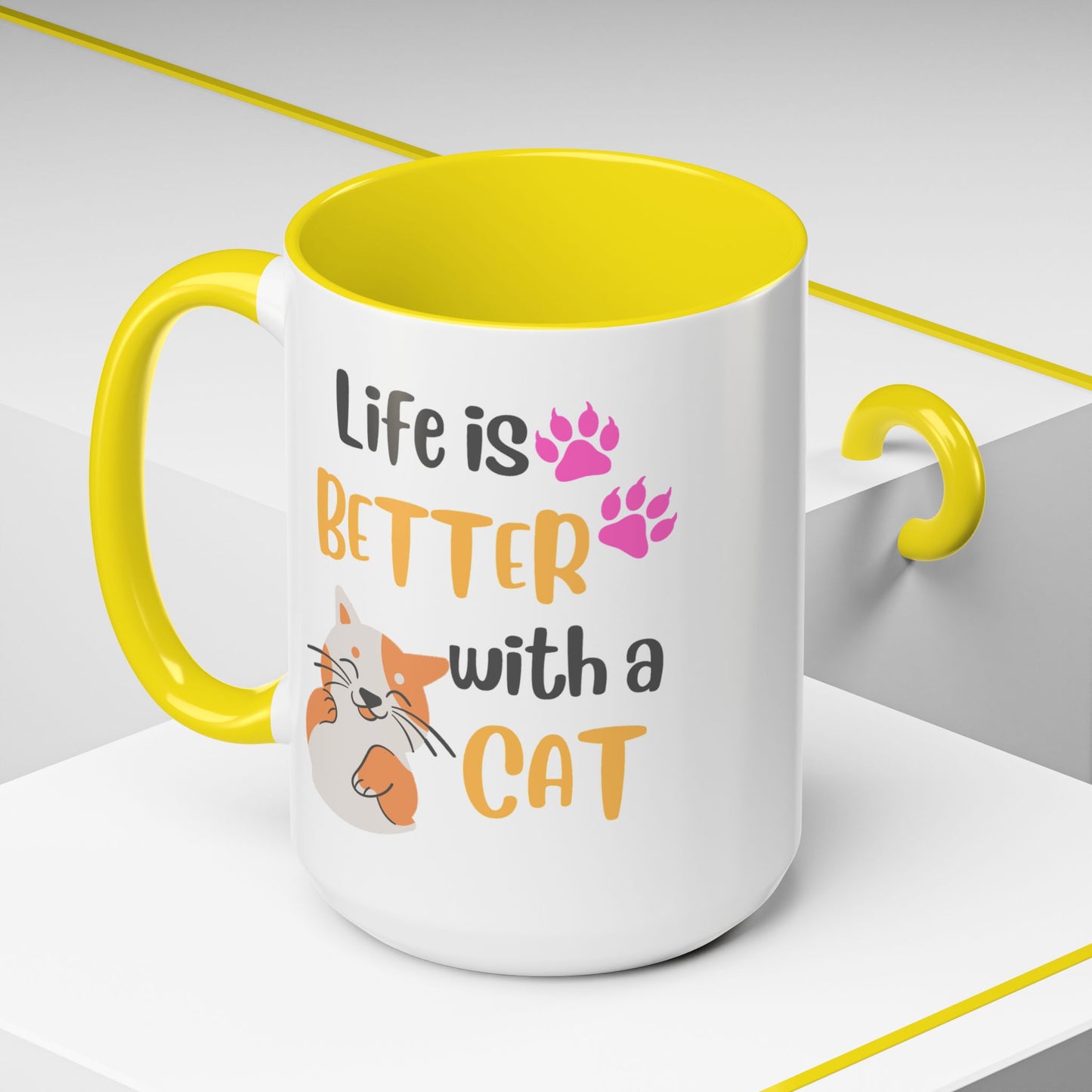 Cat Lover Coffee Mug — "Life Is Better With a Cat" Accent Ceramic Mug (15oz)