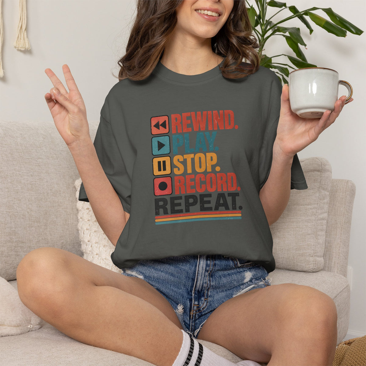 Rewind Play Stop Record Repeat Graphic Retro T-Shirt