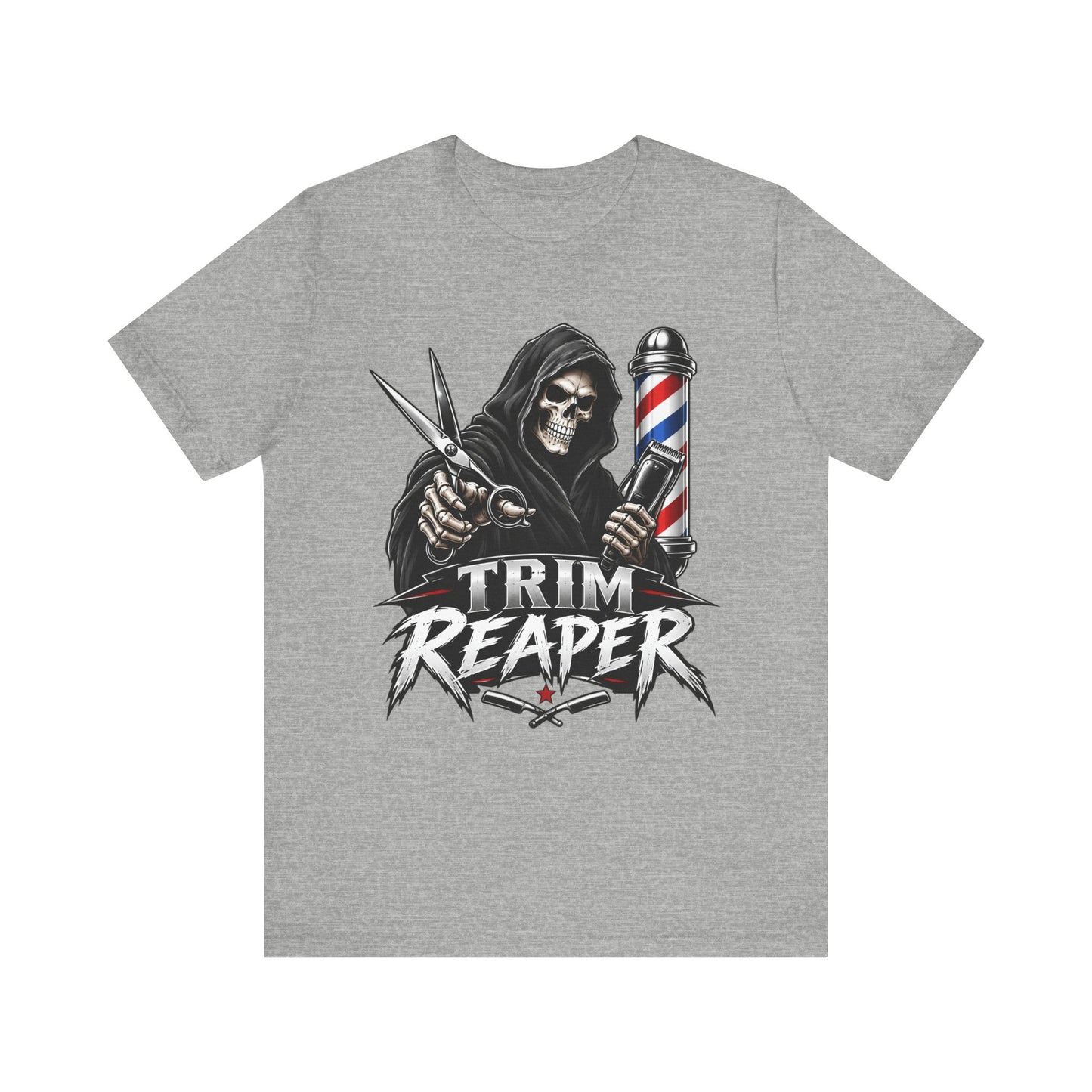 Trim Reaper Barber Tee – Grim Reaper Scissors & Pole Graphic T-Shirt Short Sleeve Shirt
