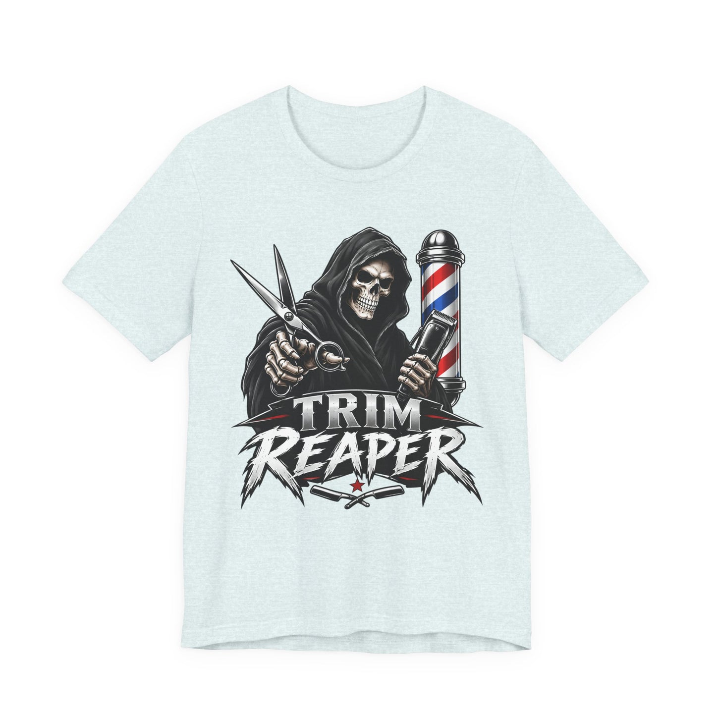 Trim Reaper Barber Tee – Grim Reaper Scissors & Pole Graphic T-Shirt Short Sleeve Shirt