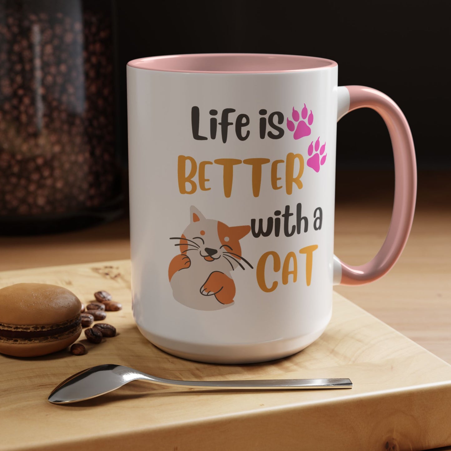 Cat Lover Coffee Mug — "Life Is Better With a Cat" Accent Ceramic Mug (15oz)