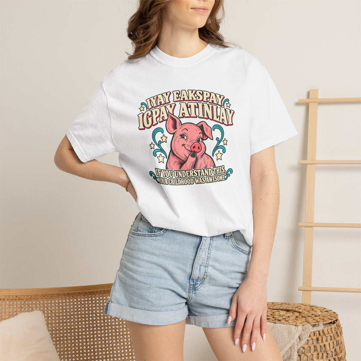 Fluent in Pig Latin Funny Retor 80's Pig Graphic T-Shirt Tee Shirt