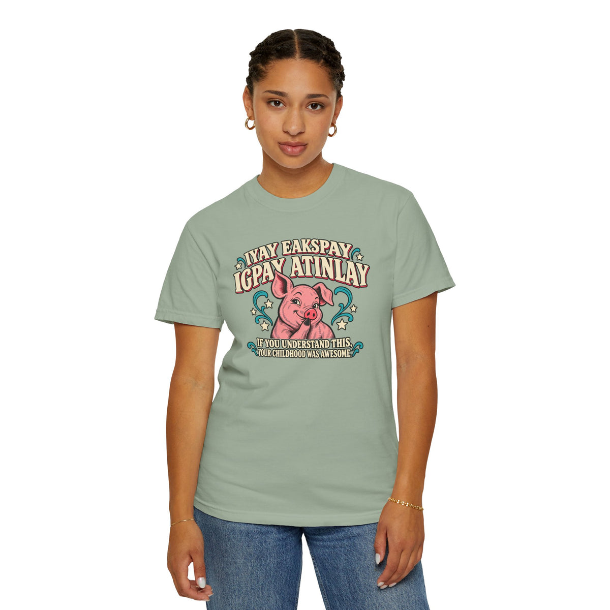 Fluent in Pig Latin Funny Retor 80's Pig Graphic T-Shirt Tee Shirt