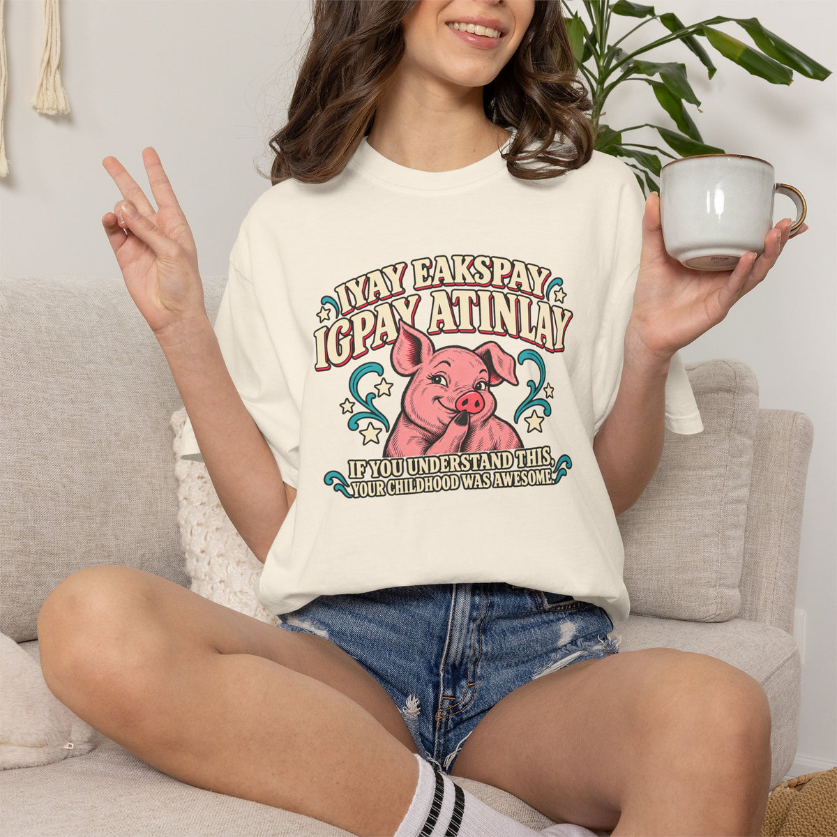 Fluent in Pig Latin Funny Retor 80's Pig Graphic T-Shirt Tee Shirt