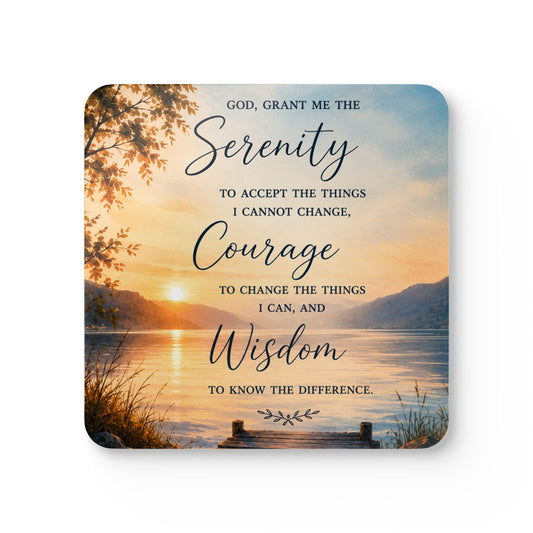 Serenity Prayer Cork Coaster Set — Lakeside Sunrise Inspirational Drink Coasters (Set of 4)
