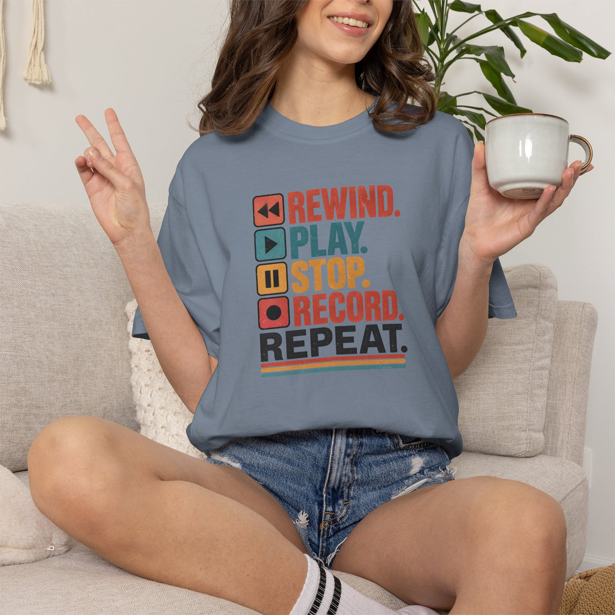 Rewind Play Stop Record Repeat Graphic Retro T-Shirt