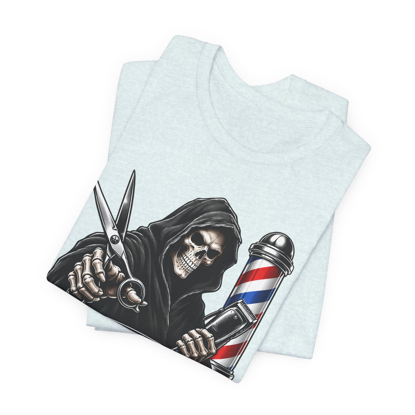 Trim Reaper Barber Tee – Grim Reaper Scissors & Pole Graphic T-Shirt Short Sleeve Shirt