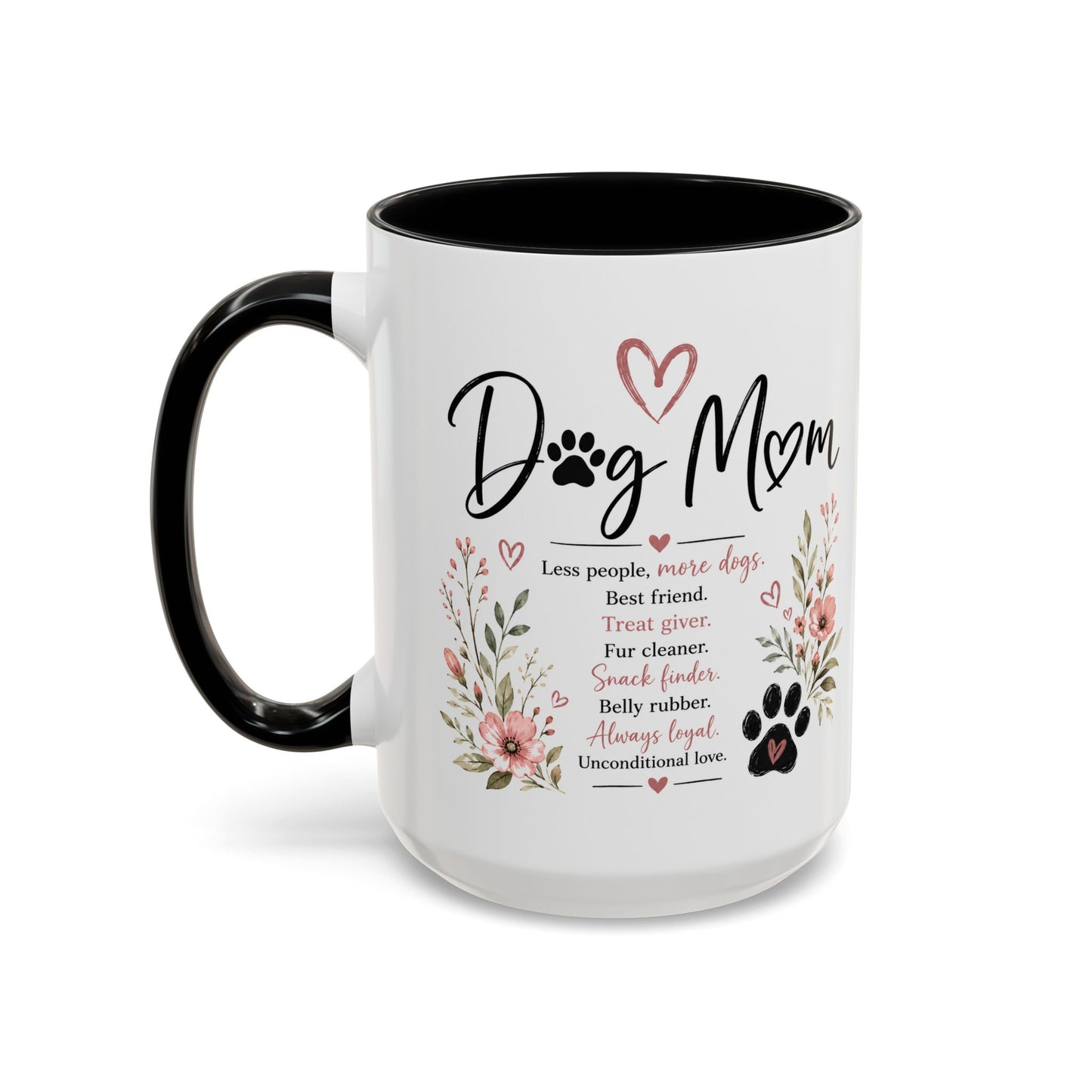 Dog Mom Floral Accent Coffee Mug — "Dog Mom" Paw Print Gift (11/15oz)