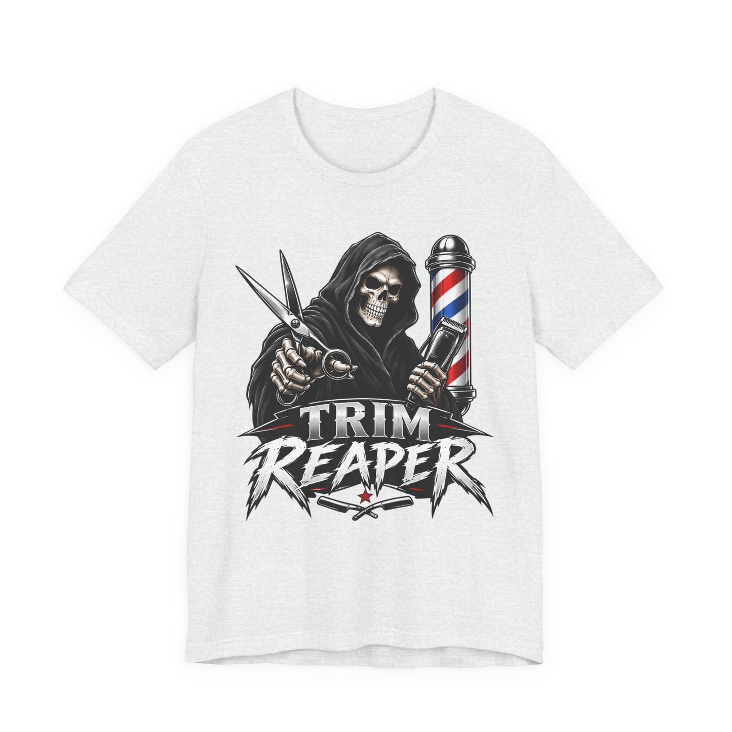 Trim Reaper Barber Tee – Grim Reaper Scissors & Pole Graphic T-Shirt Short Sleeve Shirt