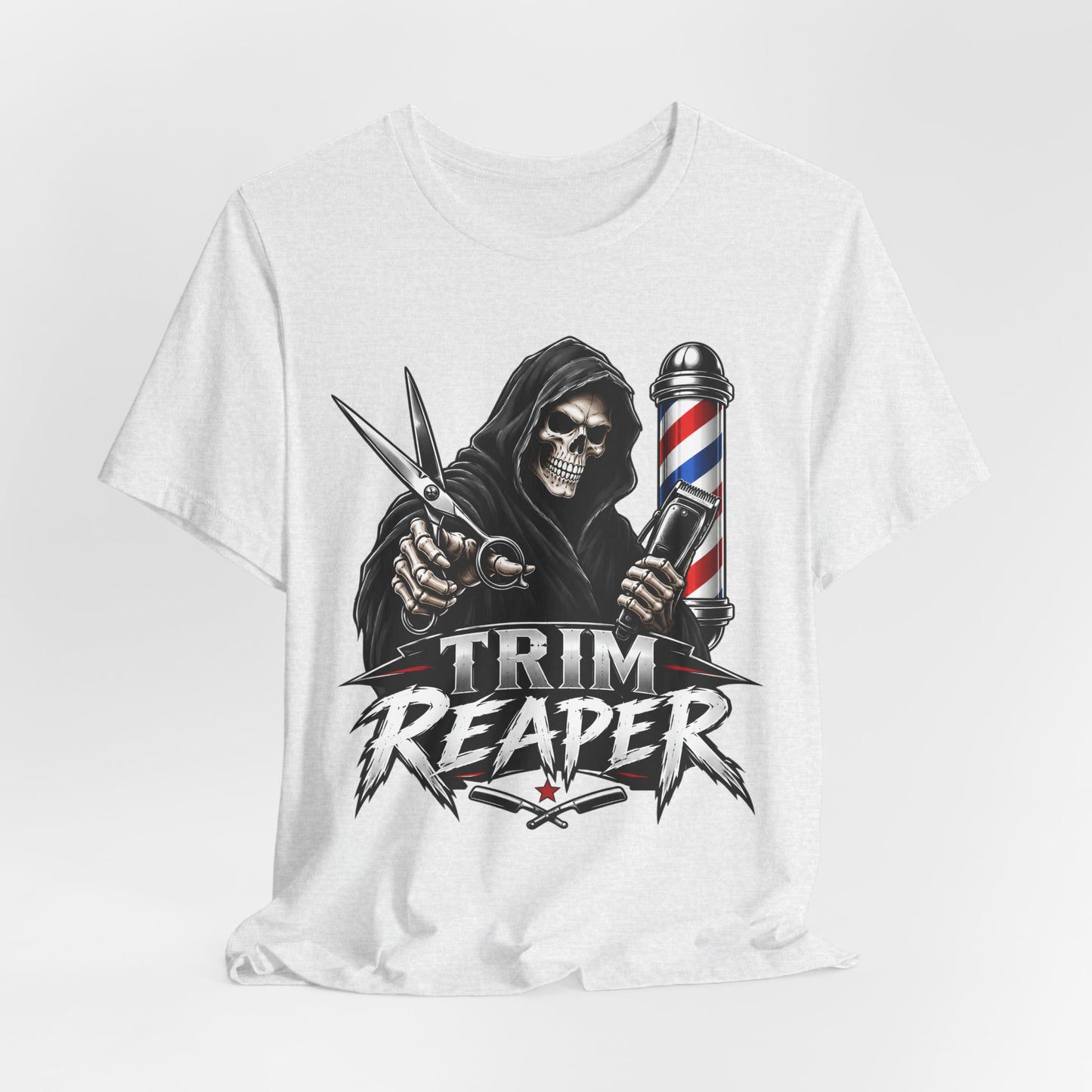 Trim Reaper Barber Tee – Grim Reaper Scissors & Pole Graphic T-Shirt Short Sleeve Shirt