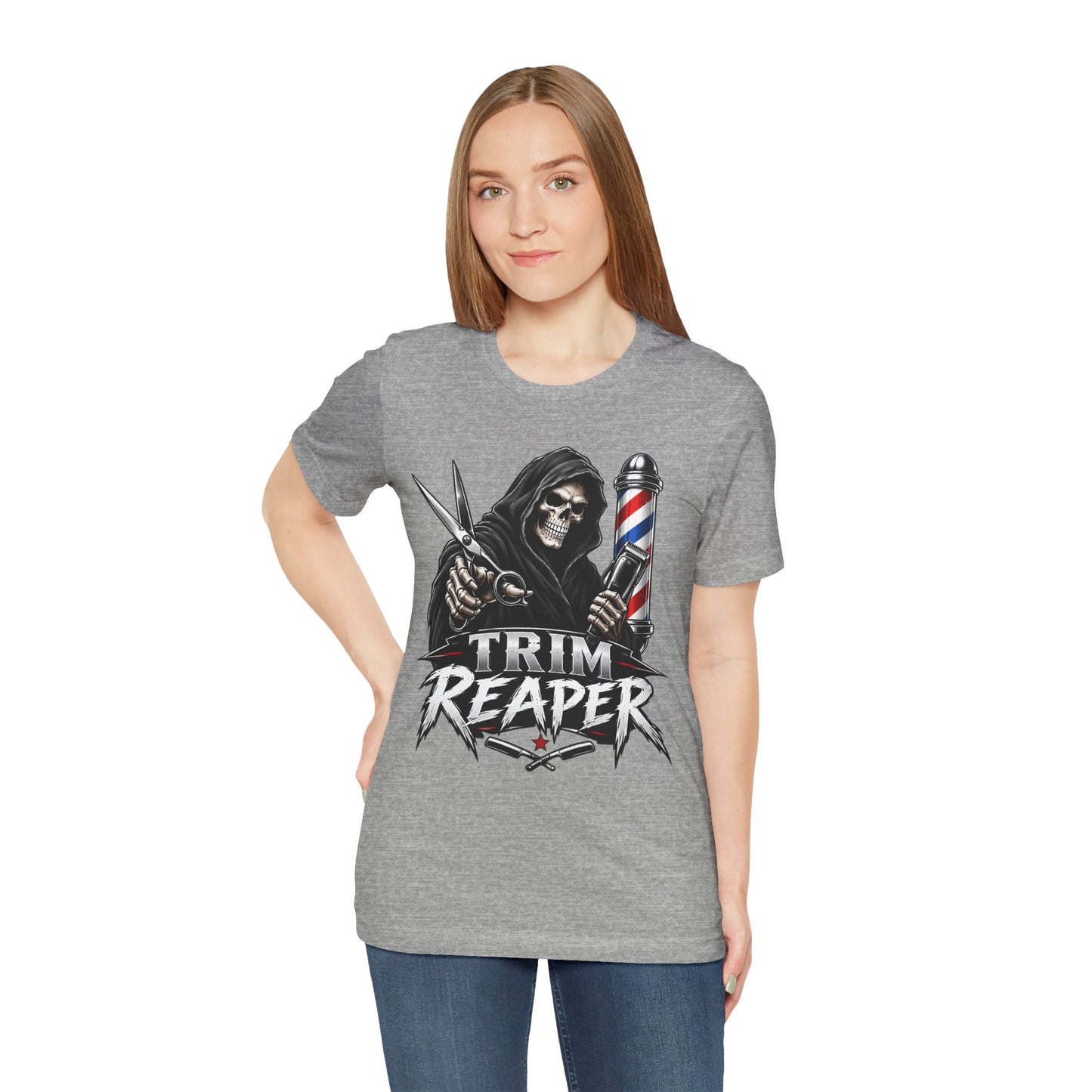 Trim Reaper Barber Tee – Grim Reaper Scissors & Pole Graphic T-Shirt Short Sleeve Shirt