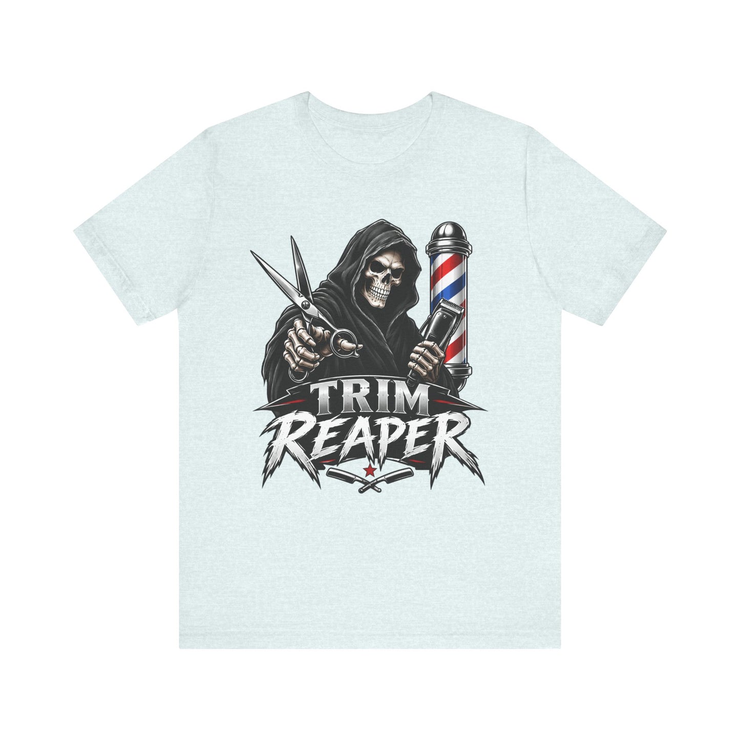 Trim Reaper Barber Tee – Grim Reaper Scissors & Pole Graphic T-Shirt Short Sleeve Shirt