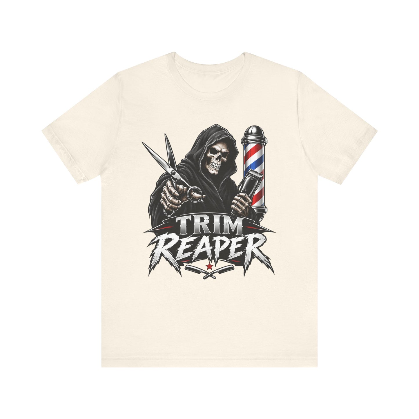 Trim Reaper Barber Tee – Grim Reaper Scissors & Pole Graphic T-Shirt Short Sleeve Shirt