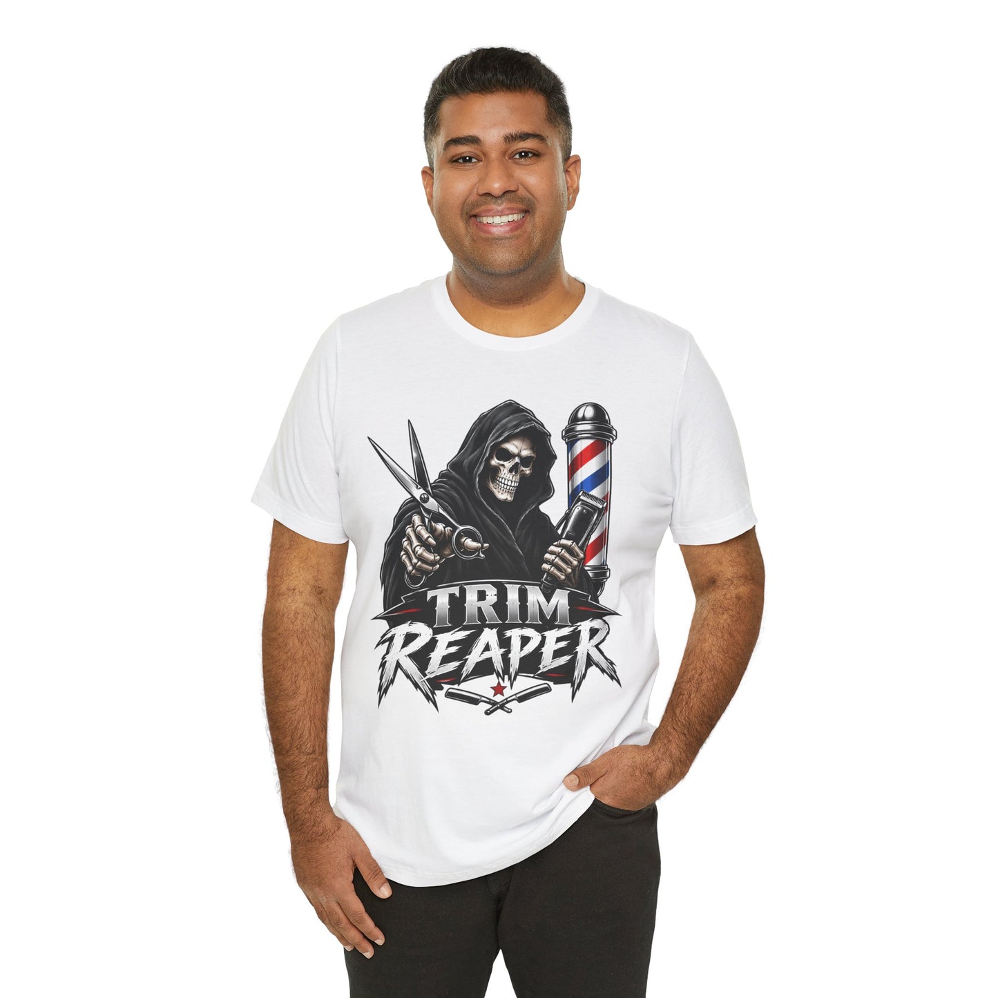 Trim Reaper Barber Tee – Grim Reaper Scissors & Pole Graphic T-Shirt Short Sleeve Shirt