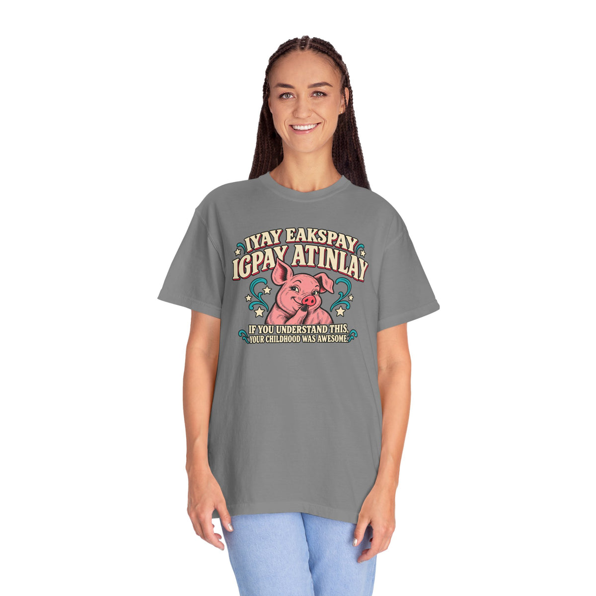 Fluent in Pig Latin Funny Retor 80's Pig Graphic T-Shirt Tee Shirt