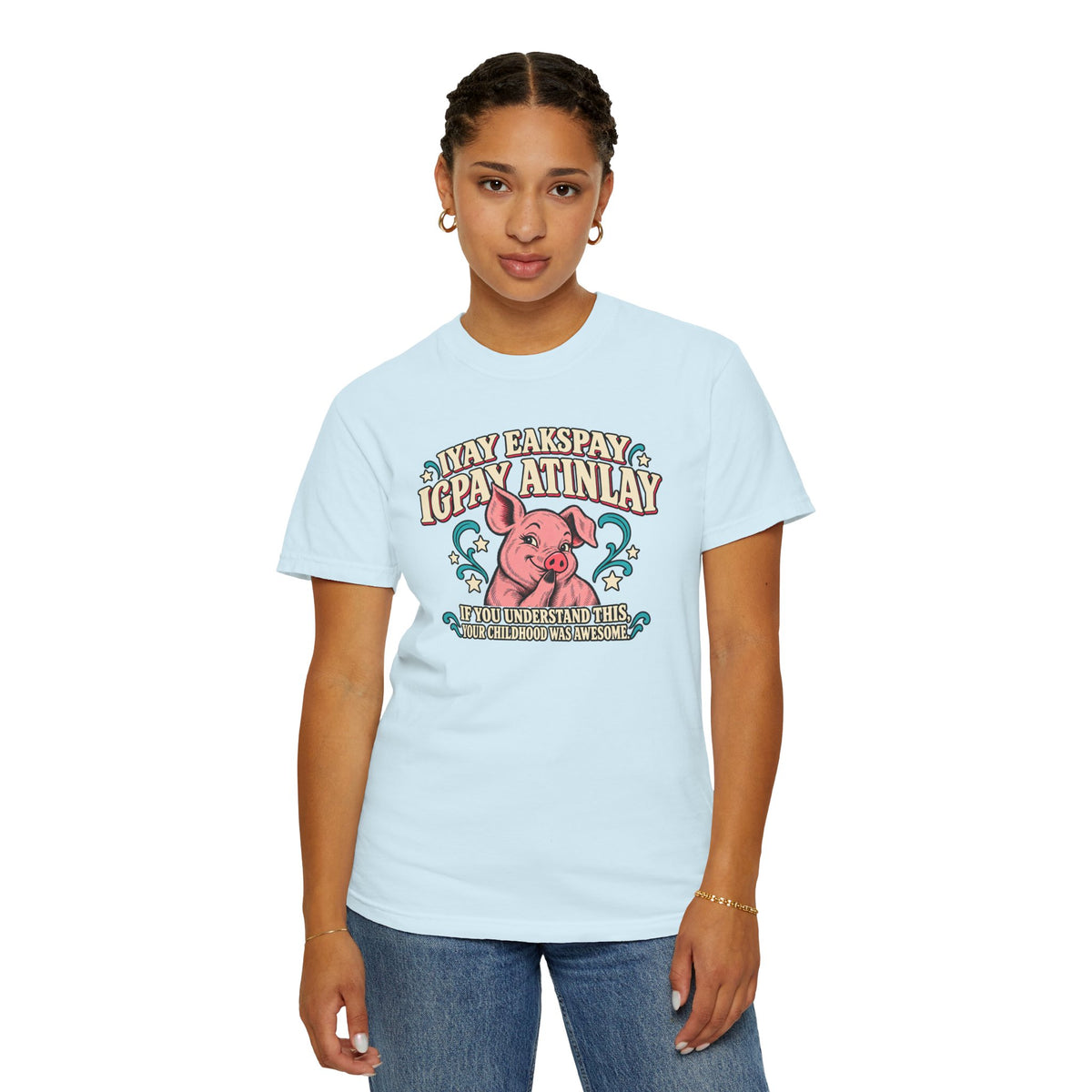 Fluent in Pig Latin Funny Retor 80's Pig Graphic T-Shirt Tee Shirt