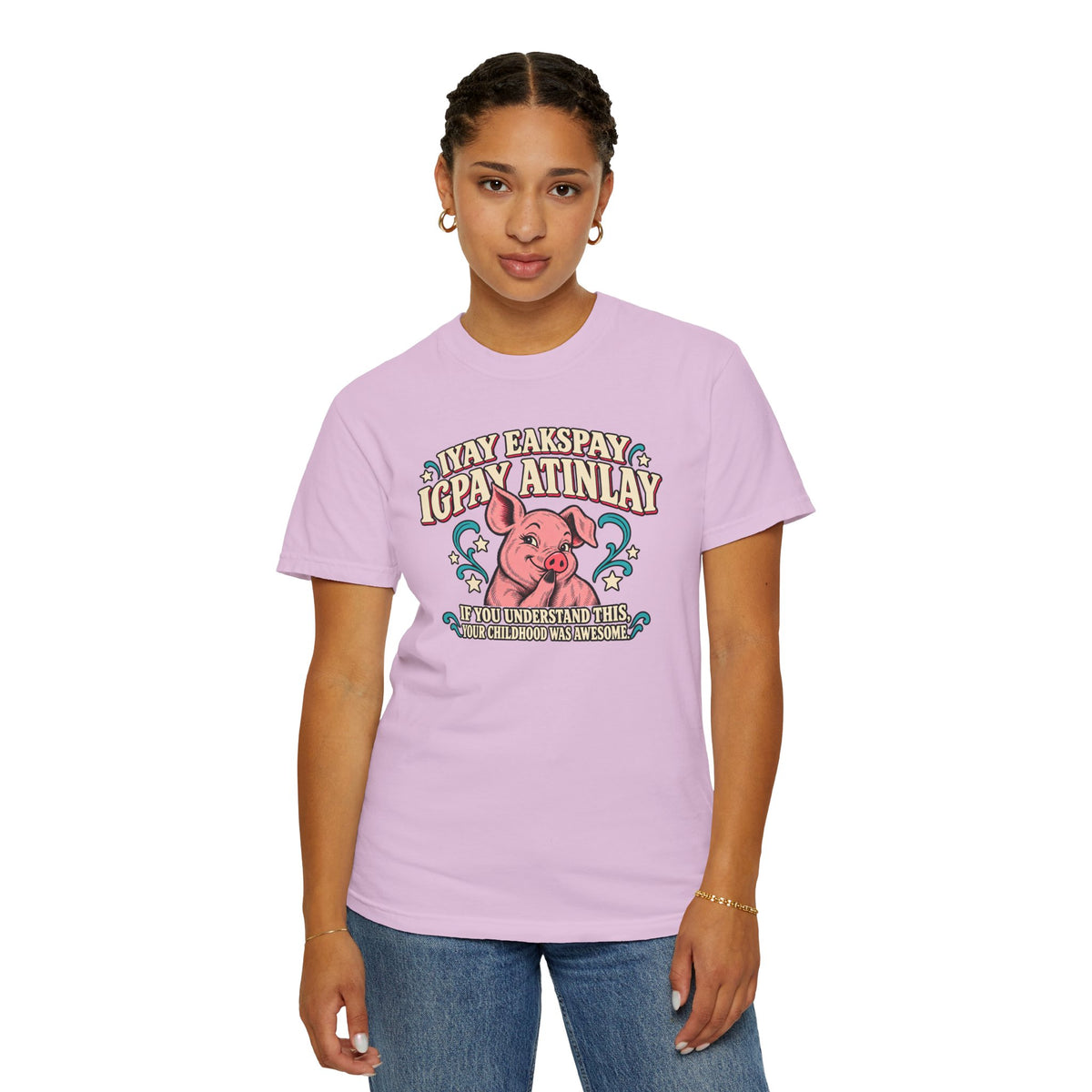 Fluent in Pig Latin Funny Retor 80's Pig Graphic T-Shirt Tee Shirt