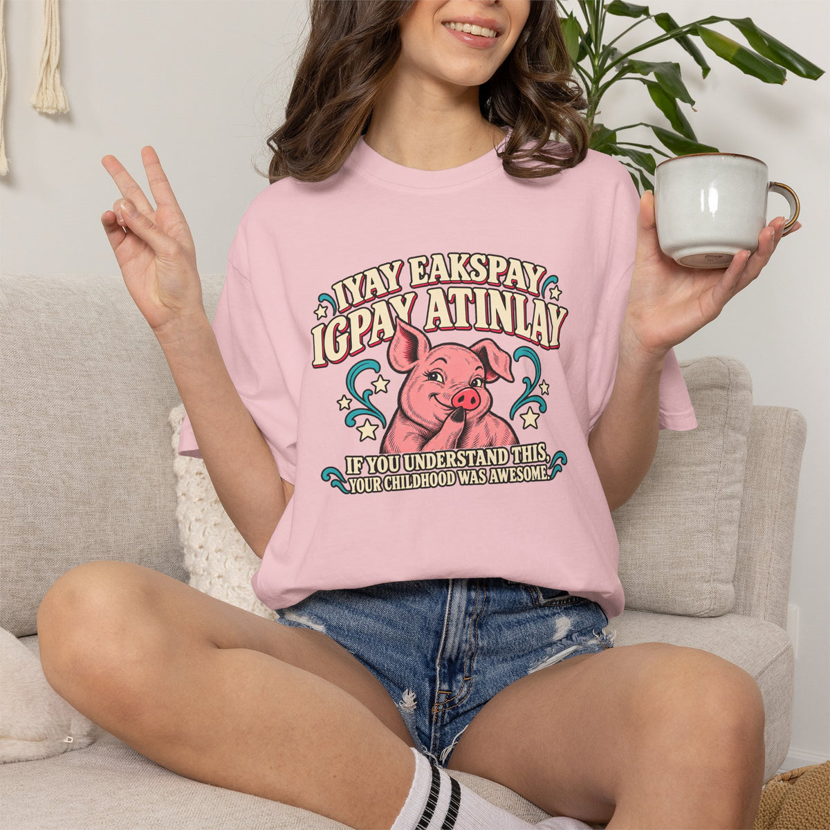 Fluent in Pig Latin Funny Retor 80's Pig Graphic T-Shirt Tee Shirt