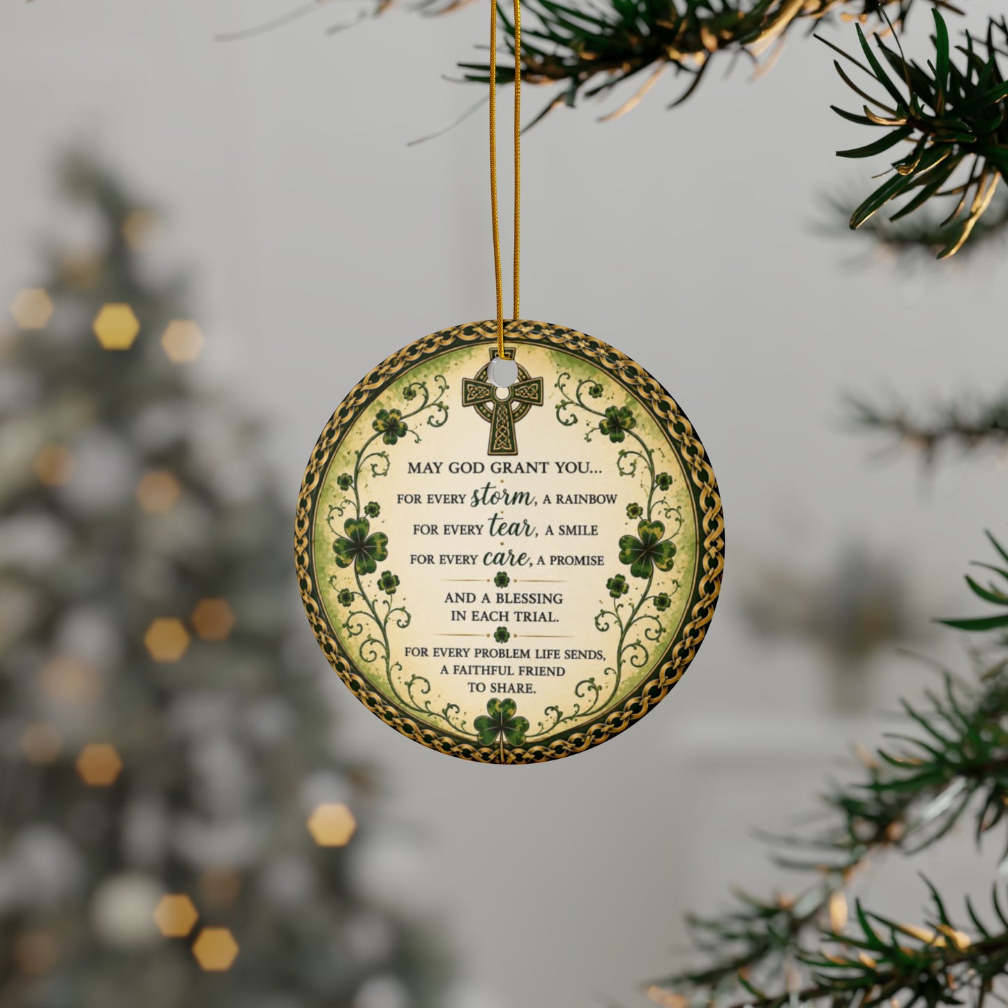 Irish Blessing Prayer Ceramic Ornament — Inspirational Irish Shamrock Cross Gift Decoration