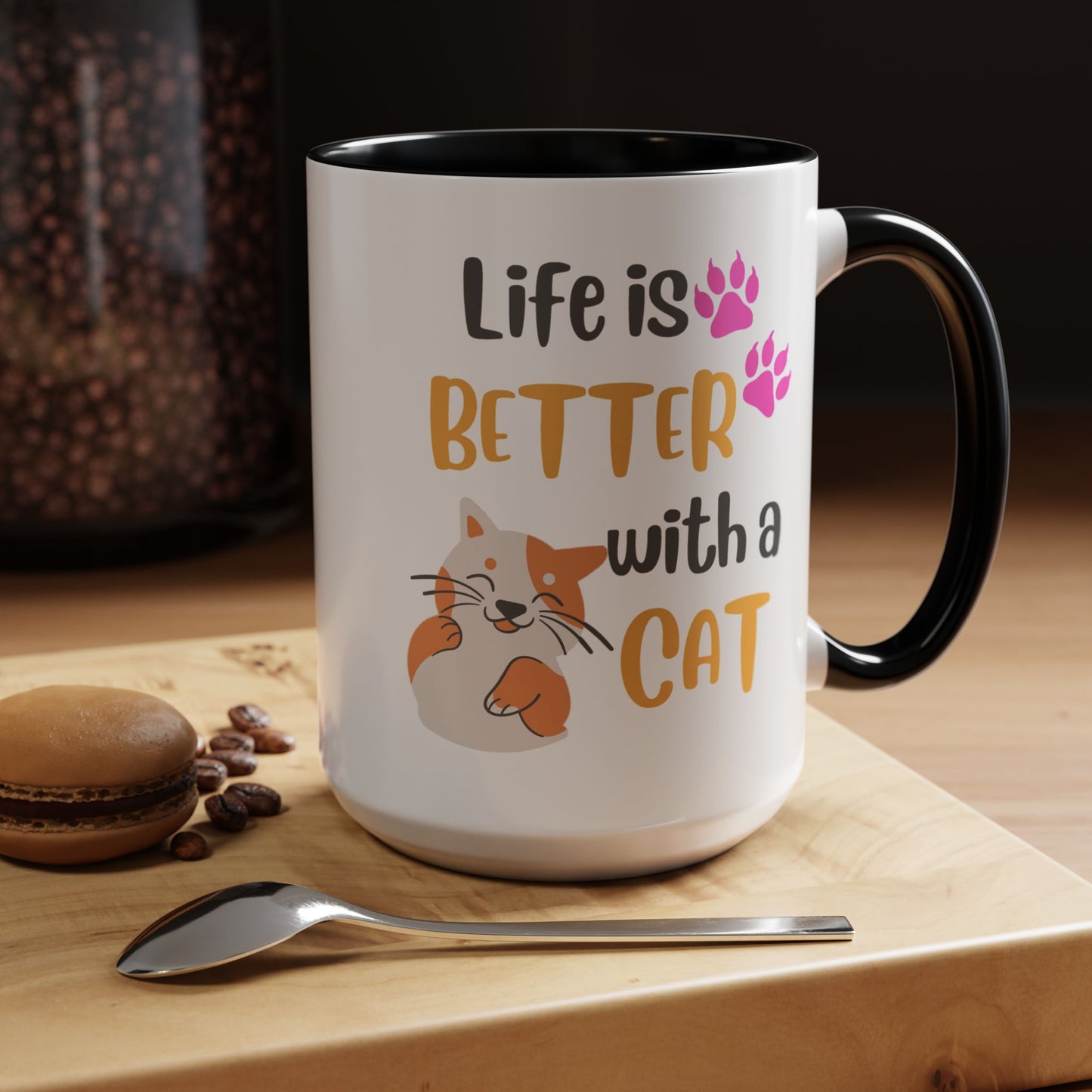 Cat Lover Coffee Mug — "Life Is Better With a Cat" Accent Ceramic Mug (15oz)