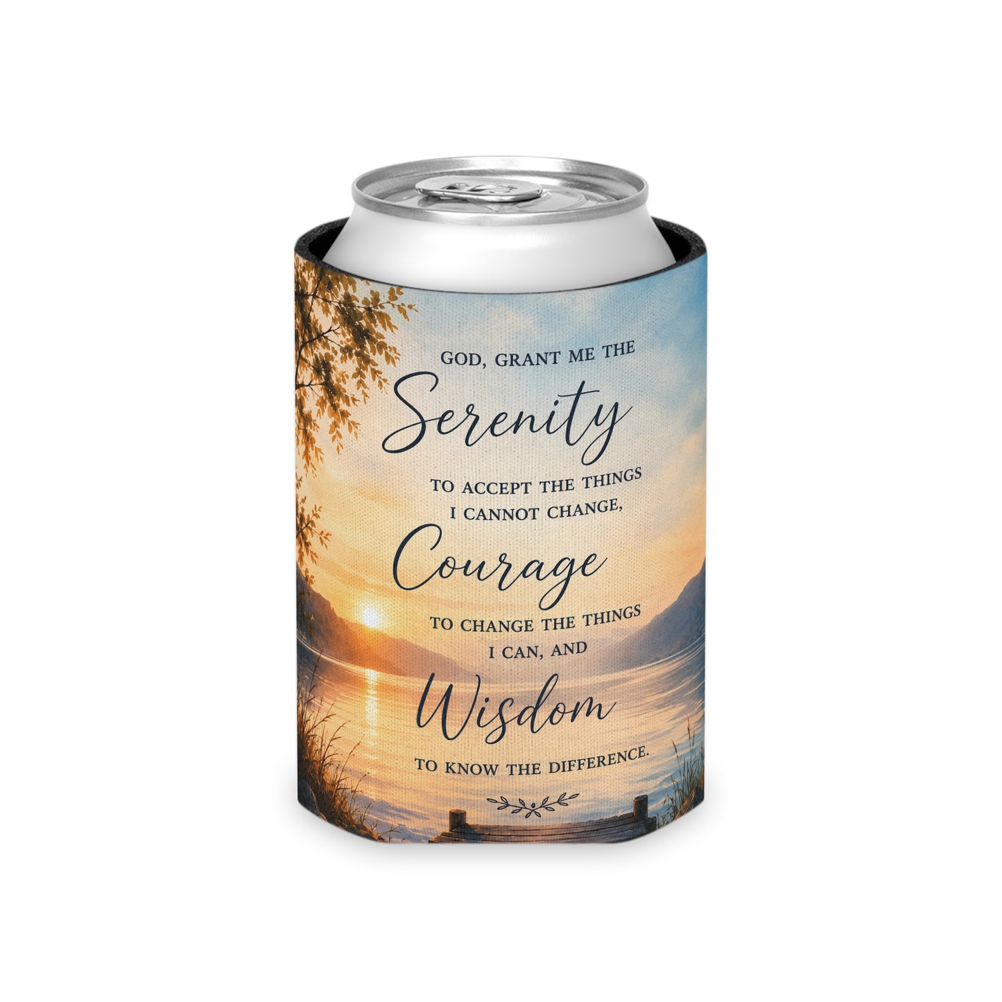 Serenity Prayer Can Cooler – Lakeside Sunset Drink Koozie