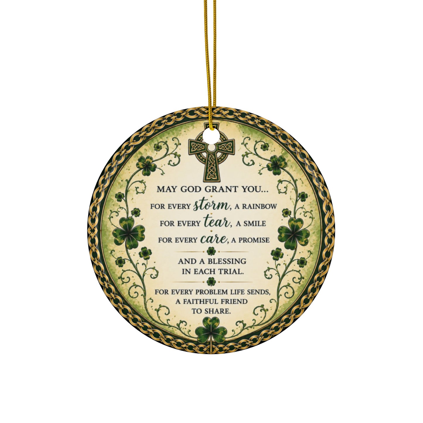 Irish Blessing Prayer Ceramic Ornament — Inspirational Irish Shamrock Cross Gift Decoration